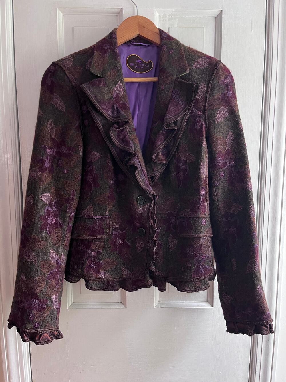 Etro Milano Wool Blend Floral Jacquard Ruffle Blazer Jacket IT 42 US 6